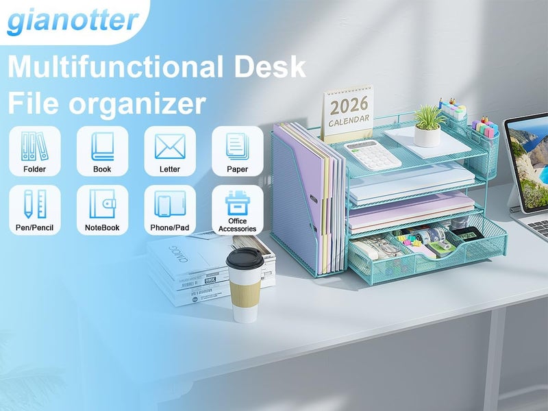 gianotter منظمات المكتب وإكسسواراته مع حامل ملفات، 4 طبقات من إكسسوارات المكتب ومنظمات مساحة العمل مع درج وحاملين للأقلام، منظم ورق لمستلزمات المكتب (أزرق) - Image 4